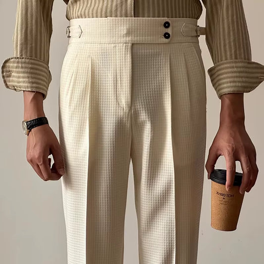 Vintage Belt-Up High Waist Trousers Men Spring Summer Fashion Solid Color Waffle Breathable Pants Mens Old Money Aesthetic Pants