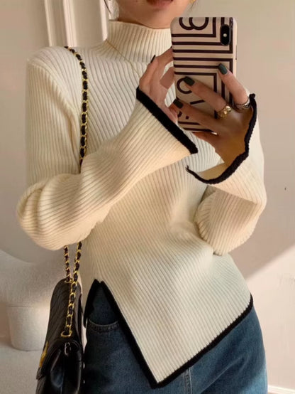 Elegant Turtleneck Sweater Women Korean Old Money Style Slim Contrast Color Jumper Autumn Winter Casual Knitwear Tops