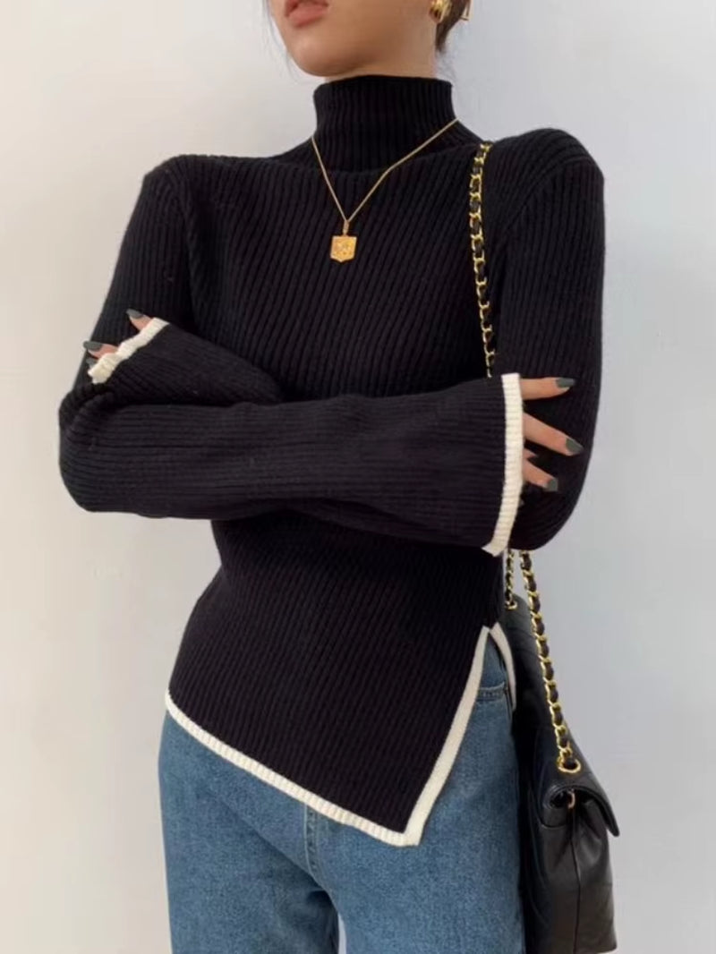 Elegant Turtleneck Sweater Women Korean Old Money Style Slim Contrast Color Jumper Autumn Winter Casual Knitwear Tops