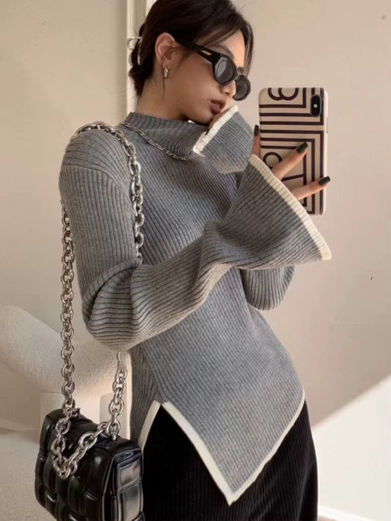 Elegant Turtleneck Sweater Women Korean Old Money Style Slim Contrast Color Jumper Autumn Winter Casual Knitwear Tops