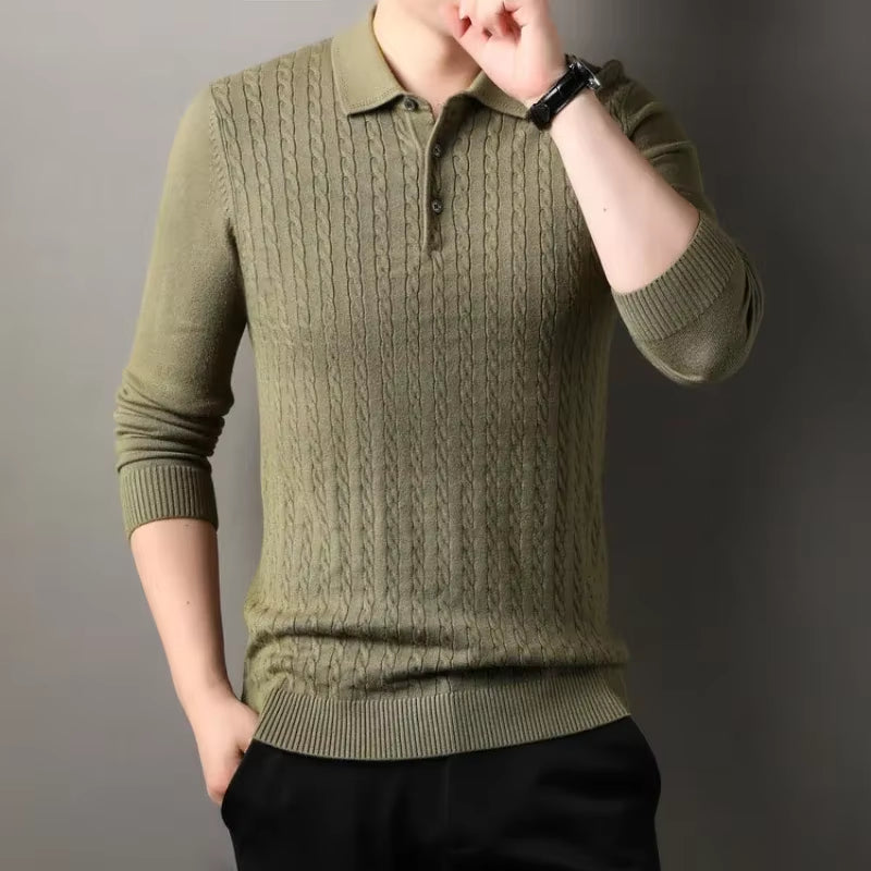 Men'S Old Money Twisted Knit Solid Color Long Sleeve Polo Shirt - Business Casual Pullover Sweater for Autumn