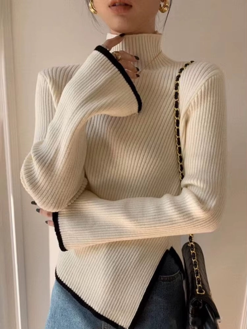 Elegant Turtleneck Sweater Women Korean Old Money Style Slim Contrast Color Jumper Autumn Winter Casual Knitwear Tops