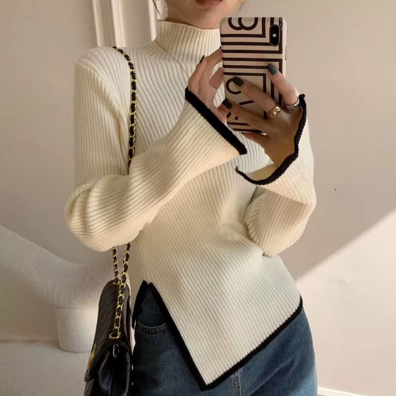 Elegant Turtleneck Sweater Women Korean Old Money Style Slim Contrast Color Jumper Autumn Winter Casual Knitwear Tops