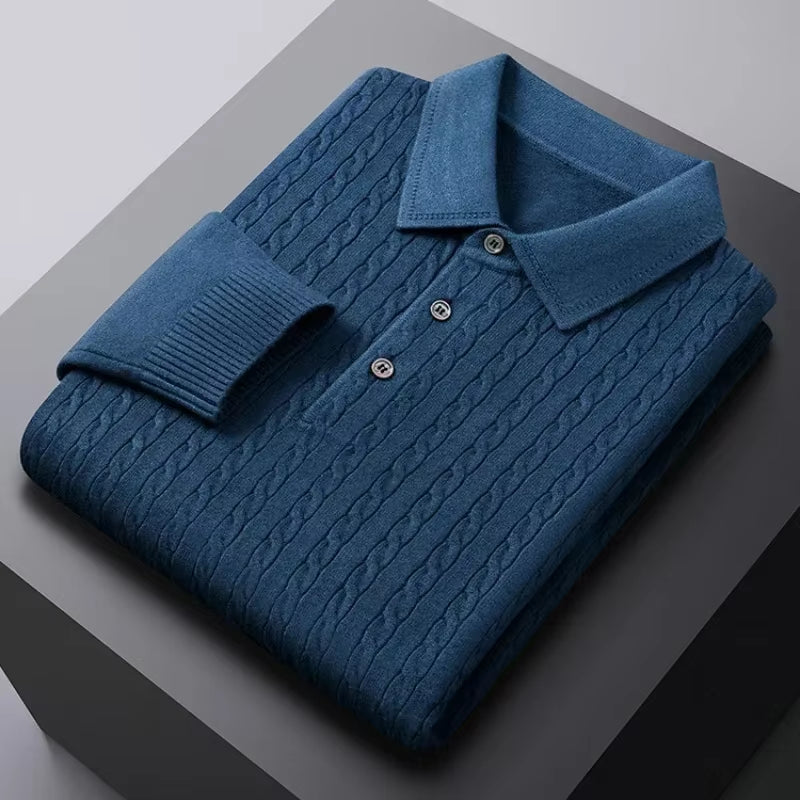 Men'S Old Money Twisted Knit Solid Color Long Sleeve Polo Shirt - Business Casual Pullover Sweater for Autumn