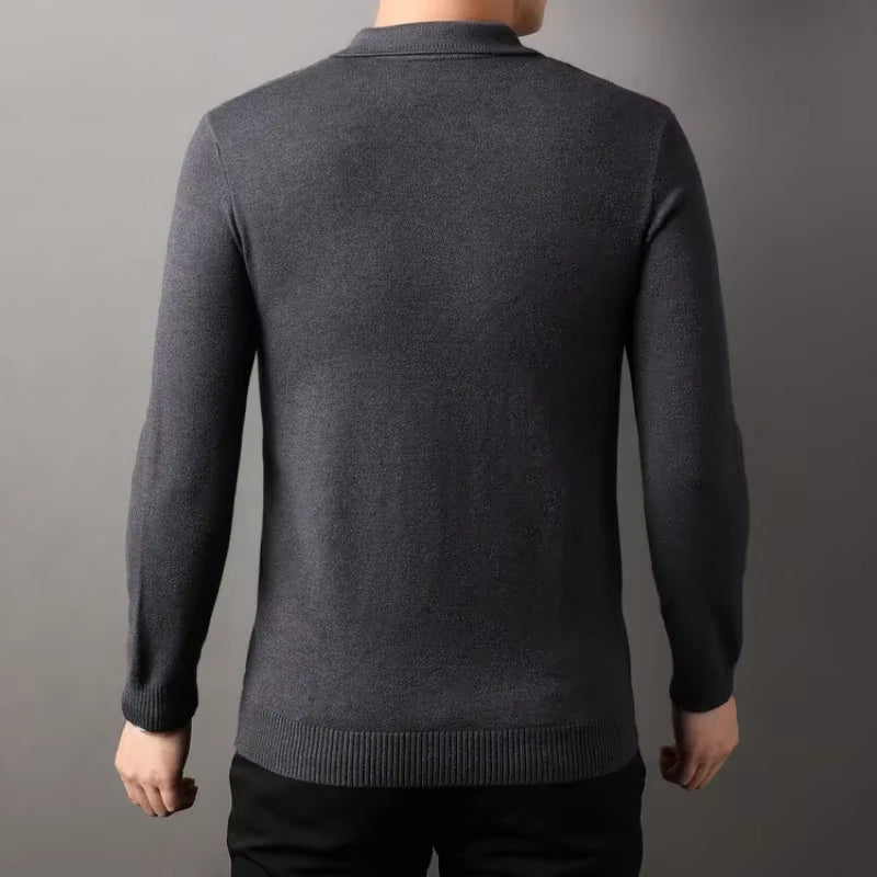 Men'S Old Money Twisted Knit Solid Color Long Sleeve Polo Shirt - Business Casual Pullover Sweater for Autumn