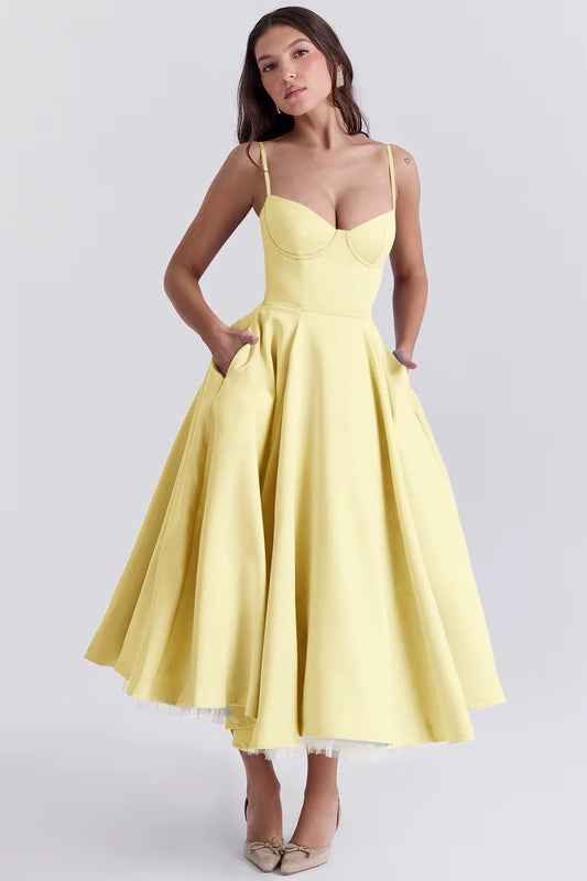 2024 Summer Holiday Prom Dress for Women - Elegant Backless Midi A-Line with Chest Pad and Pleated Halter Corset Design