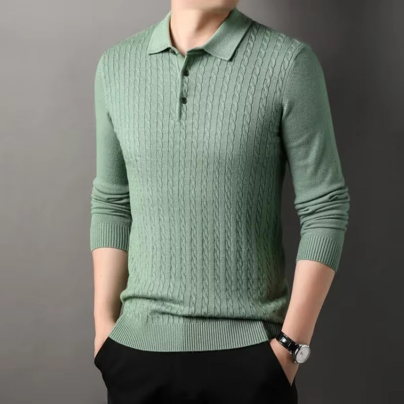 Men'S Old Money Twisted Knit Solid Color Long Sleeve Polo Shirt - Business Casual Pullover Sweater for Autumn