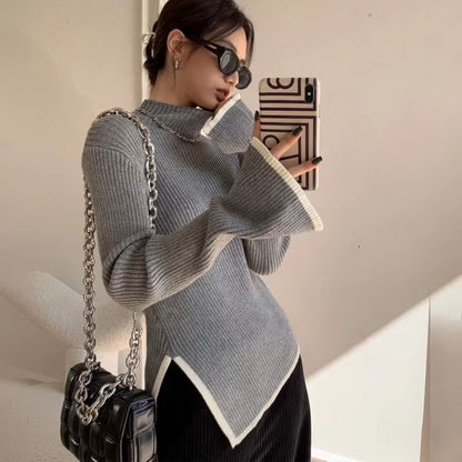 Elegant Turtleneck Sweater Women Korean Old Money Style Slim Contrast Color Jumper Autumn Winter Casual Knitwear Tops