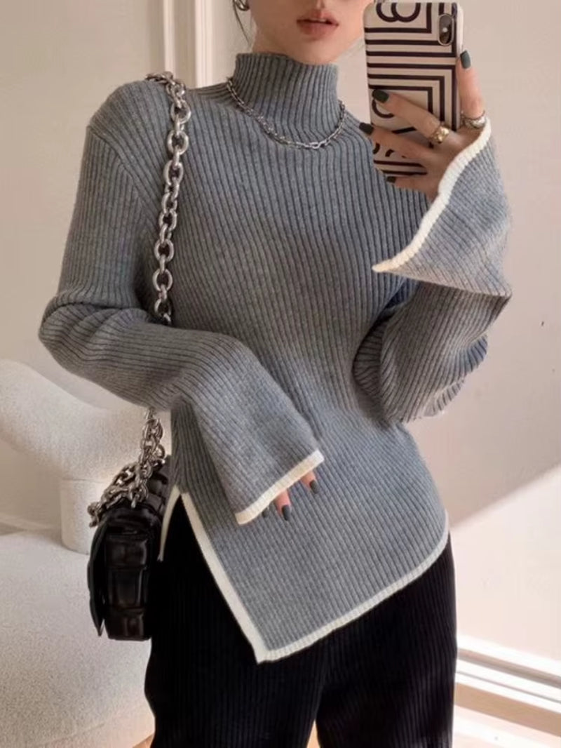 Elegant Turtleneck Sweater Women Korean Old Money Style Slim Contrast Color Jumper Autumn Winter Casual Knitwear Tops